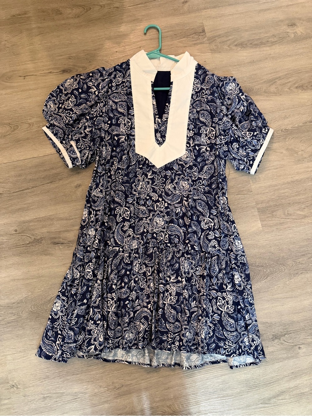 Navy Paisley V-Neck Dress with White Trim